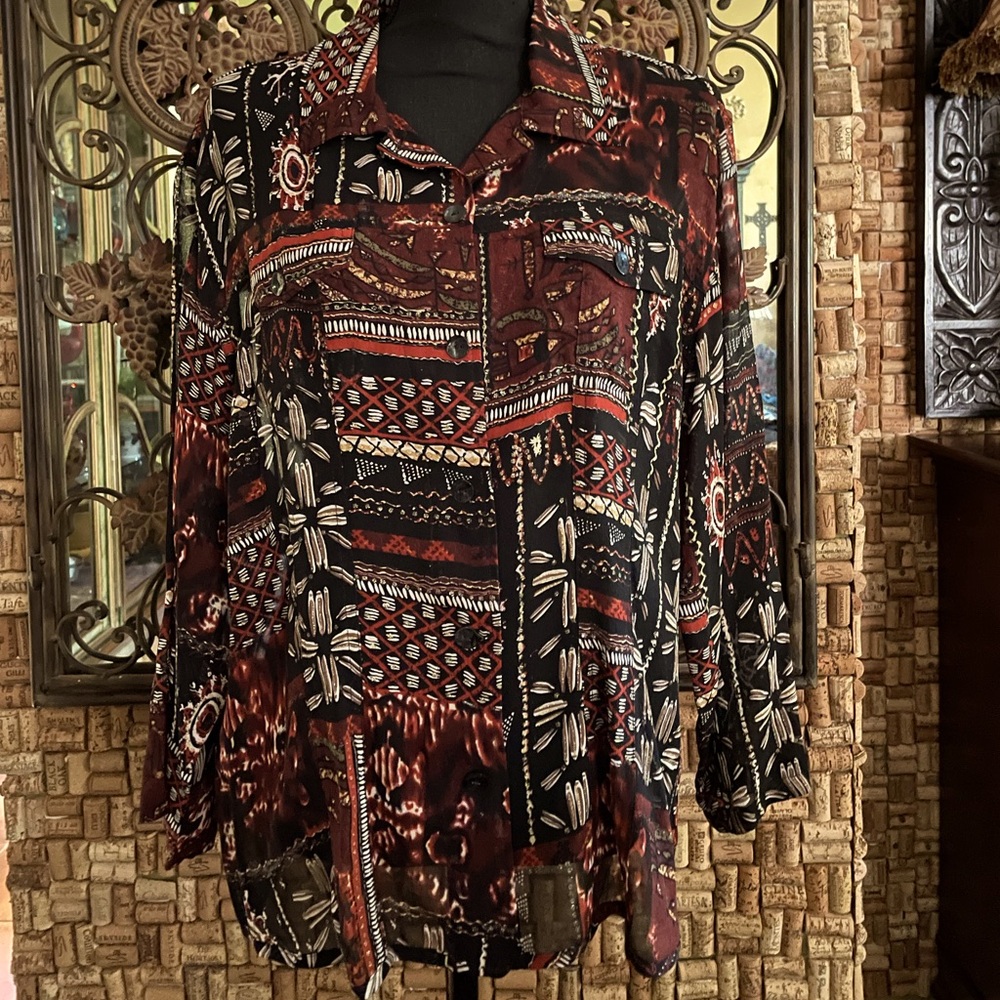Like New Chicos Tribal Print Blouse in Dark Tones of Red, Black & Brown 3 (1X)
